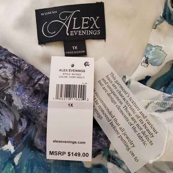 ALEX EVENINGS | Ruffle Bell Sleeve Chiffon Floral Blouse - [1X, Ivory/Teal/Blue] - Picture 10 of 11